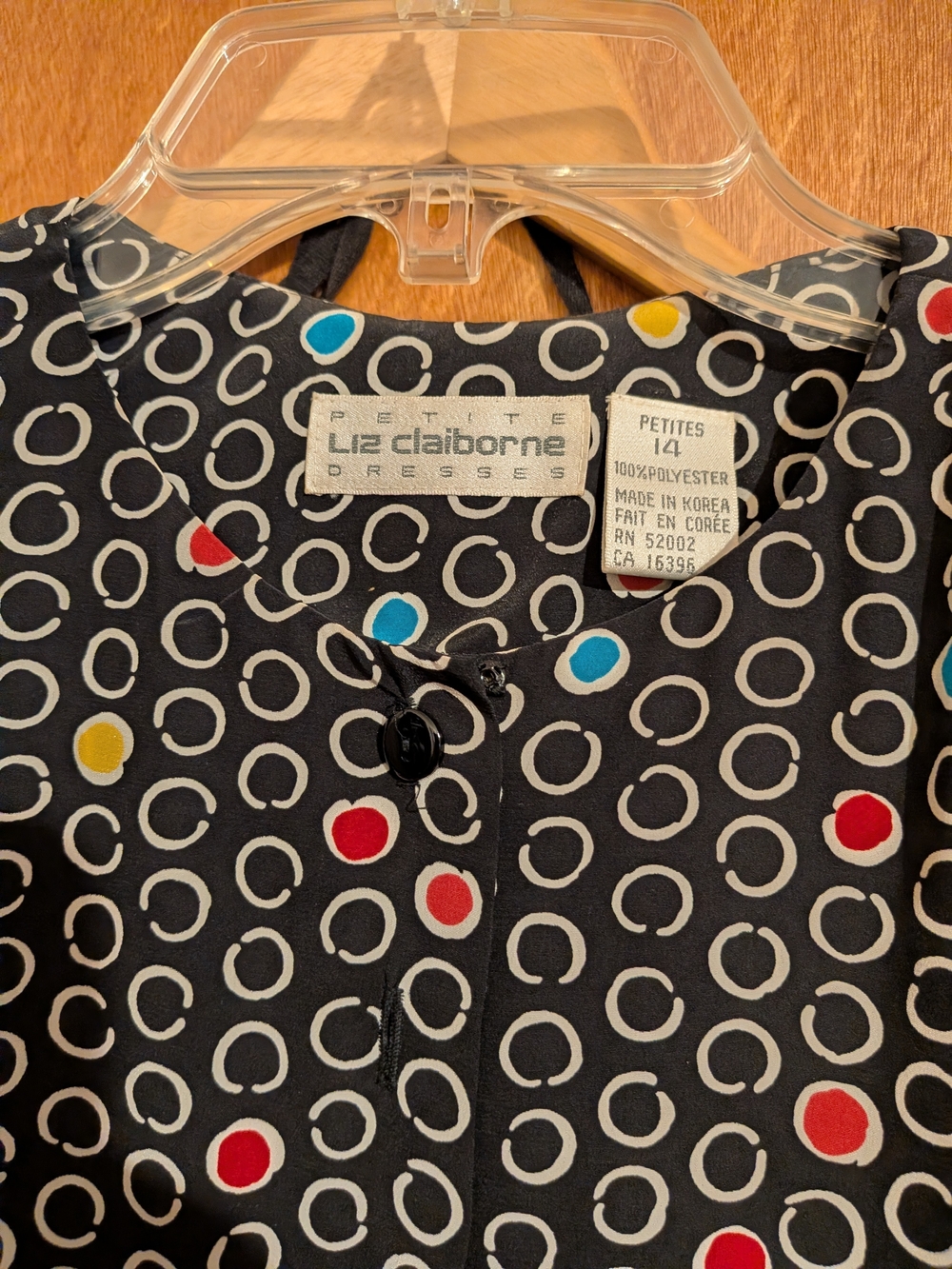 Liz Claiborne Women's Petite Black Dot Dress with Red, Blue & Yellow Accents
